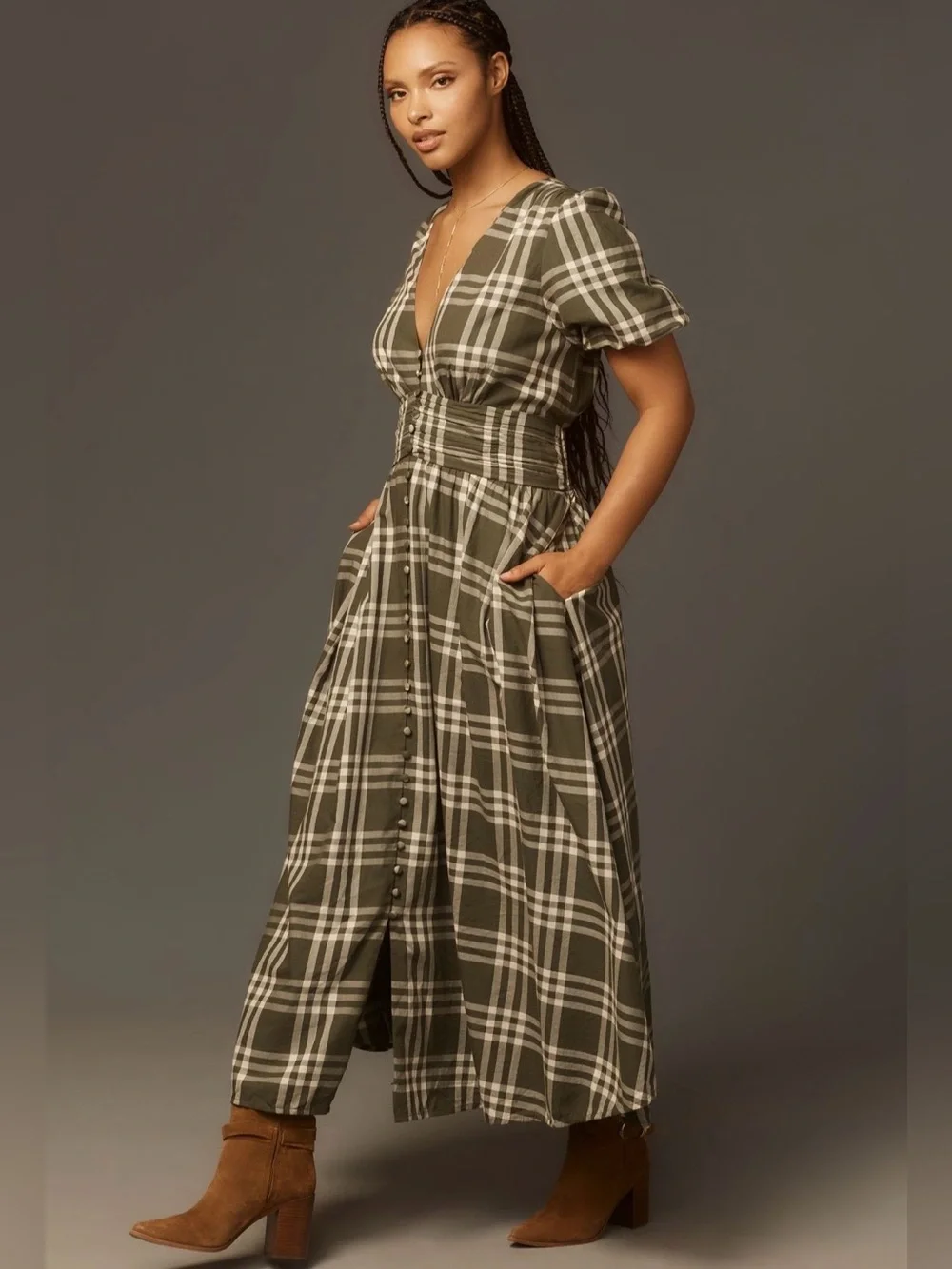 Anthropologie Katerina Button-Front Plaid Puff-Sleeve Midi Dress L - 100% Cotton - Picture 14 of 15